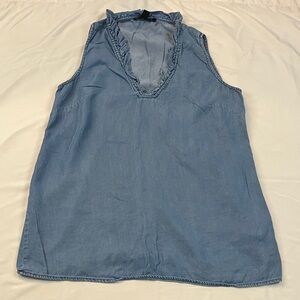 Sharagano chambray denim ruffle V-Neck sleeveless top